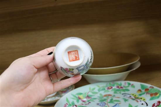 Two Chinese tea bowls , Cantonese cup and saucer, plate and two dishes